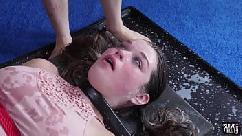 Submissive teen gets face splattered with cum by her master