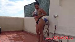 Voluptuous latina brunette kesha ortega taking a shower in the roof
